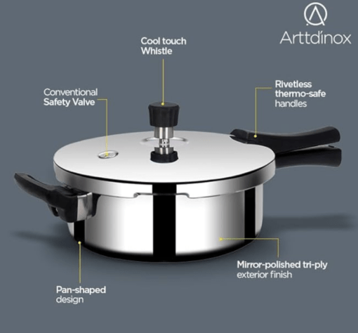 ARTTDINOX Stellar Stainless Steel Triply 3.5 Ltr Mirror finish Pressure Cooker with Gasket | Rivetless Handle | Induction & Gas Base | 7 Yrs Warranty | Jindal Stainless - Image 2